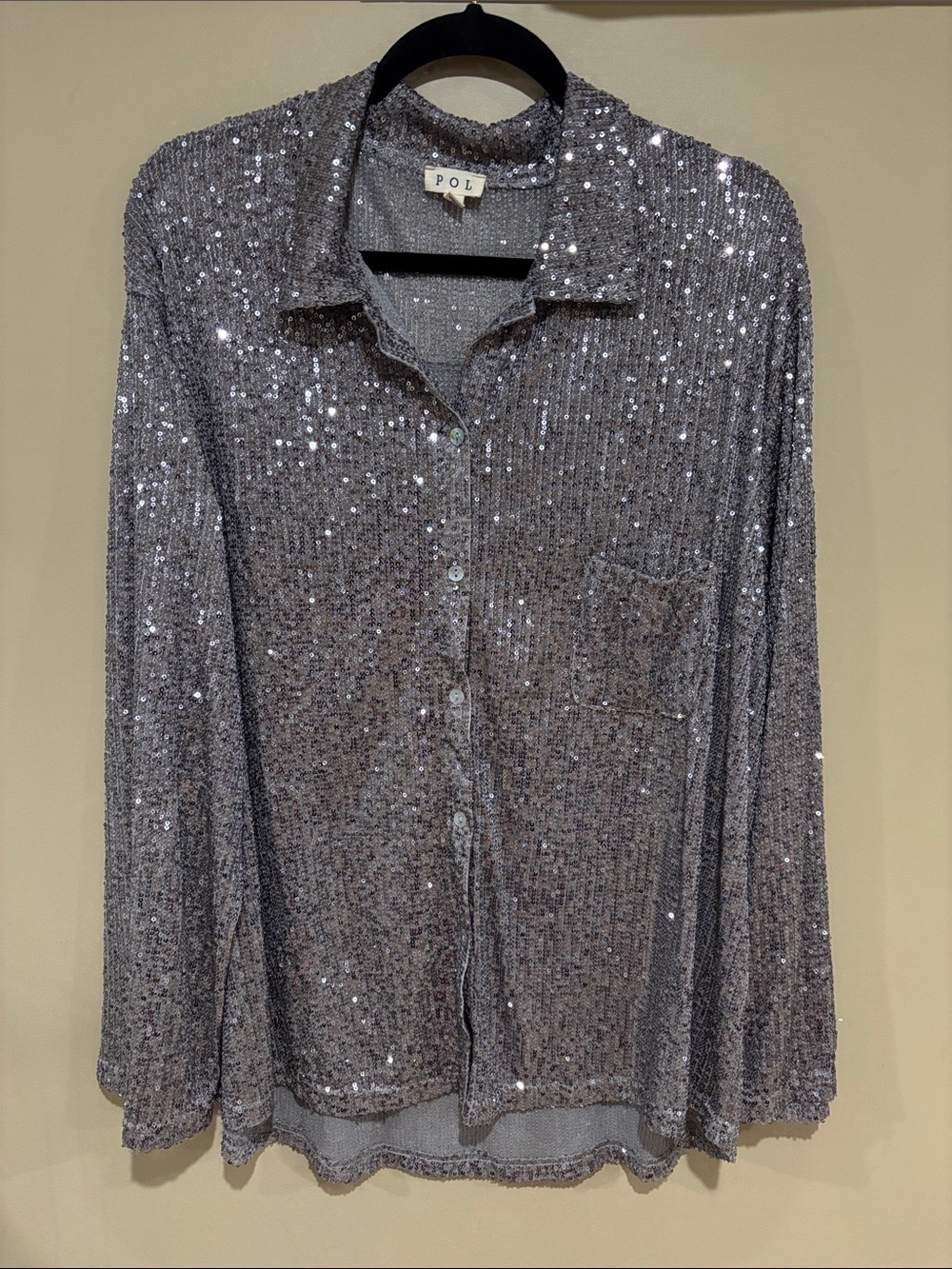 POL silver sequin button down